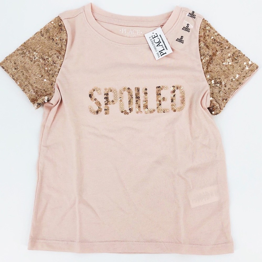 Children's Place Sequined Spoiled Graphic Short Sleeve Rose Pink Tee NWT